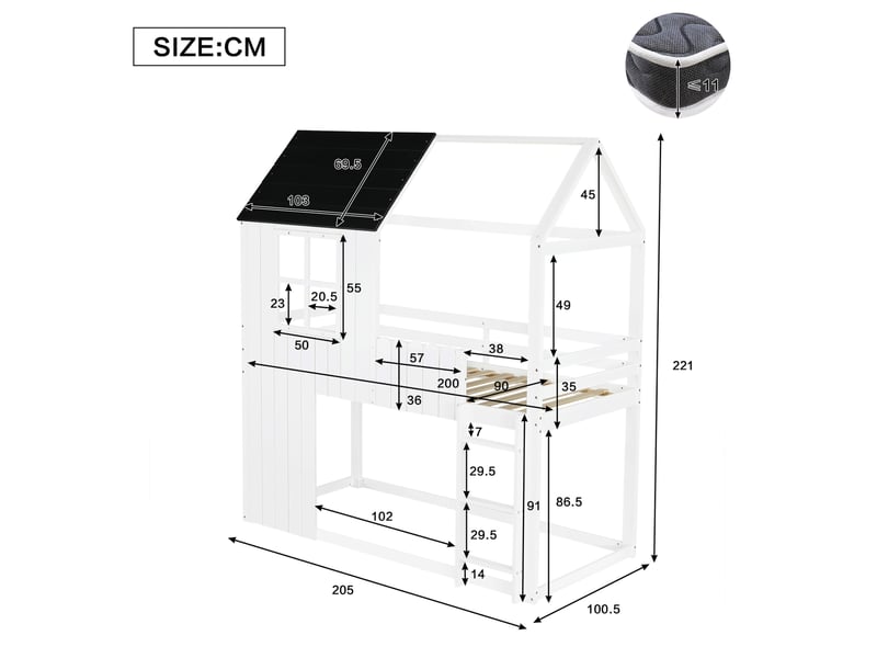  Lit mezzanine enfant 90x200 cm, lit cabane avec toit, escalier à 3 marches, structure pin mdf, blanc noir, sans matelas  - Conforama C