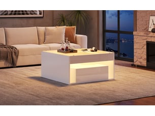 Table basse 70x70x35 cm avec tiroirs, plateau en verre trempé et bande led contrôlable, finition laquée, mdf, blanc