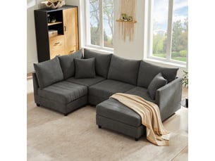 Canapé d’angle modulable 5 places 220x194x85 cm avec pouf mobile, configuration en l ou u, ressorts ensachés, mousse haute résilience, coton-lin,gris