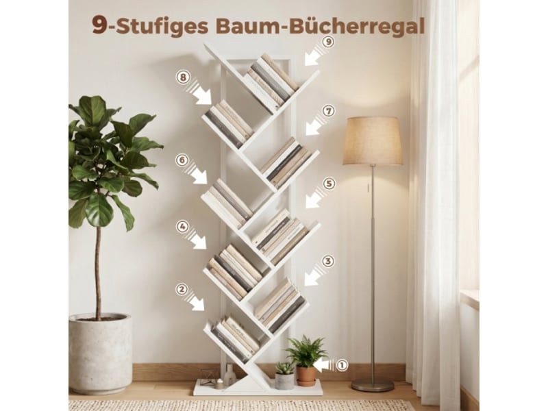  Bibliothèque arbre 9 niveaux, cadre en acier, rangement cddvd, blanc, style industriel  - Conforama D