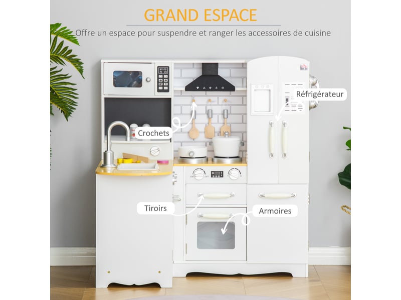  Cuisine pour enfant 3-6 ans jeu d'imitation nombreux accessoires rangements évier, robinet, four, micro-ondes, hotte, téléphone et réfrigérateur blanc  - Conforama R
