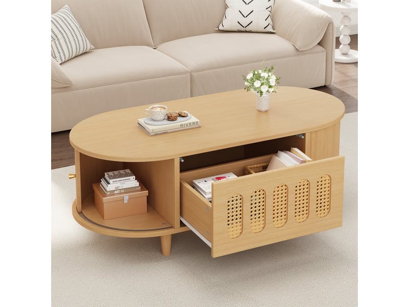 Table basse ovale 100 cm avec rangements, 1 tiroir à pression, 2 portes à rideau, façade à cannage, mdf et pieds en bois massif, décor bois clair Luxe haut de gamme - Conforama E