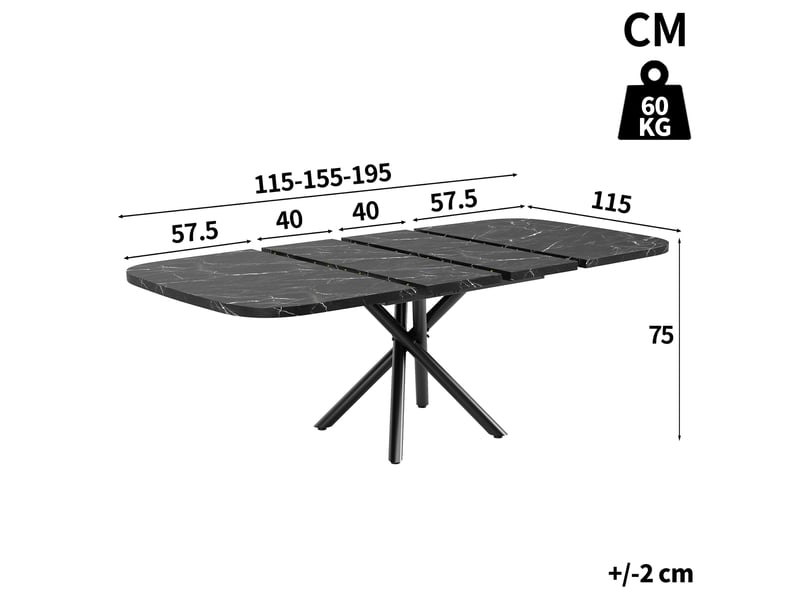  Table de cuisine extensible 115-155-195x115x75cm pour 4 à 8 personnes, piètement métallique en x robuste et hauteur des pieds réglable, noir evarich - Conforama C