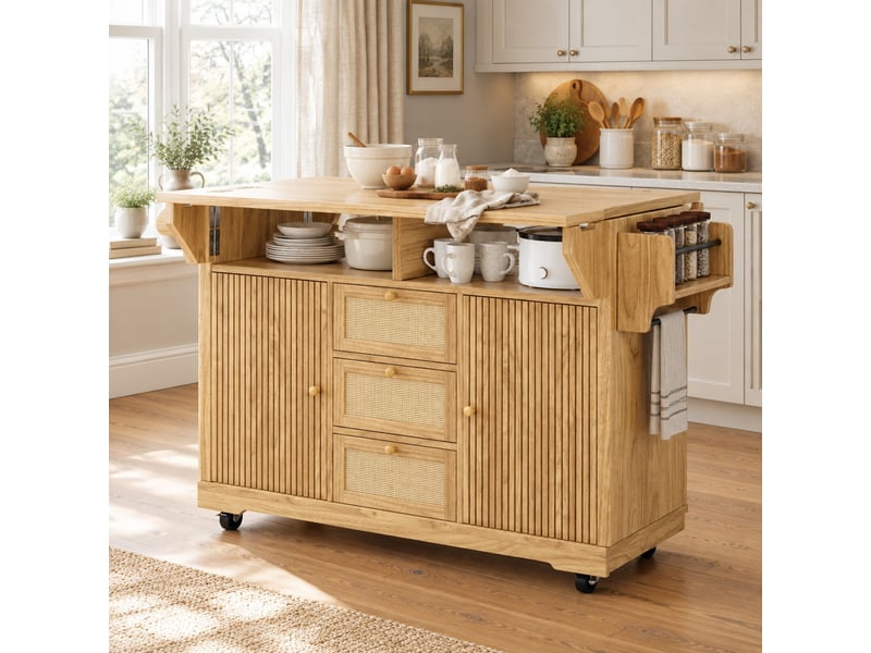  Desserte de cuisine pliable 142,5 x 80 x 95 cm sur roulettes, mdf, coloris naturel  - Conforama B