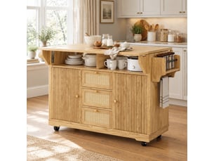 Desserte de cuisine pliable 142,5 x 80 x 95 cm sur roulettes, mdf, coloris naturel