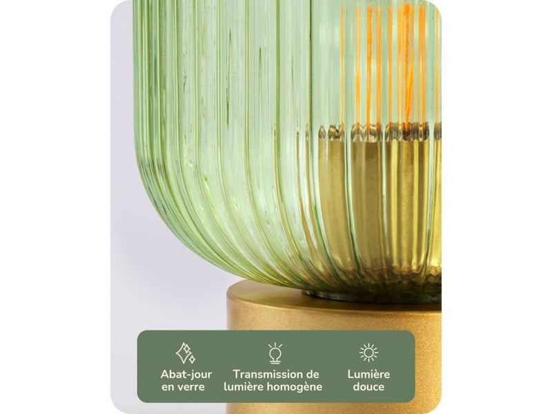  Lampe de table edishine t007 en verre vert cannelé et base métal doré e27 led 4w 2700k blanc chaud 370618_AACMB82075_6_DROPFR - Conforama B