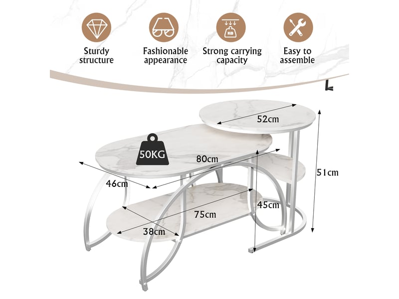  Table basse gigogne 8052cm blanc et argent - design moderne avec plateau effet marbre et double étagère de rangement  - Conforama B