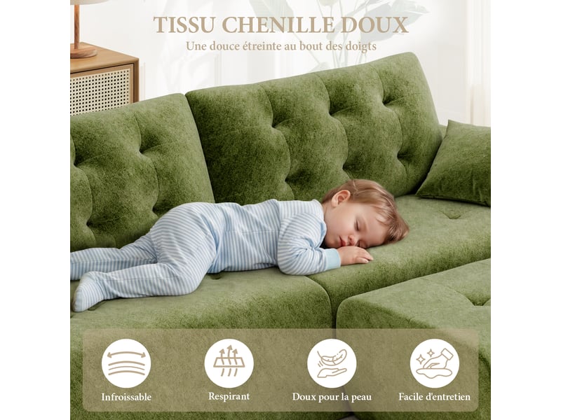  Canapé modulable en chenille vert mousse haute densité avec pouf,canapé salon 275cm style nuage confortable,compressé sans montage 275x174x66CM - Conforama D