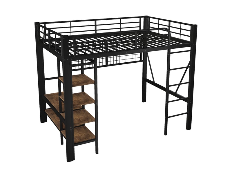  Lit mezzanine 140x200 cm noir avec led, penderie, filet de rangement et espace ouvert  - Conforama D