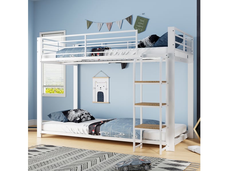  Lit superposé enfant 90x200 cm, pour chambre enfant, avec échelle intégrée, métal et mdf, blanc et noyer, sans matelas  - Conforama B