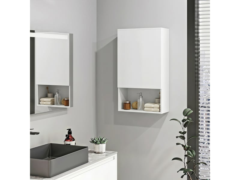  Meuble de salle de bain mural blanc 40 x 27 x 77 cm, porte sans poignée et niche ouverte  - Conforama D