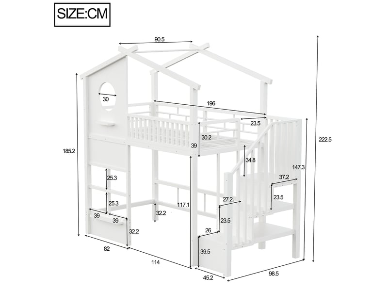 Lit mezzanine enfant 90 x 200 cm en métal, escalier avec rangement, garde-corps haut et éclairage led, blanc evarich - Conforama C