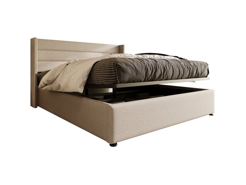  Lit coffre tcqpz 160 x 200 cm avec sommier à lattes relevable hydraulique en lin beige  - Conforama A