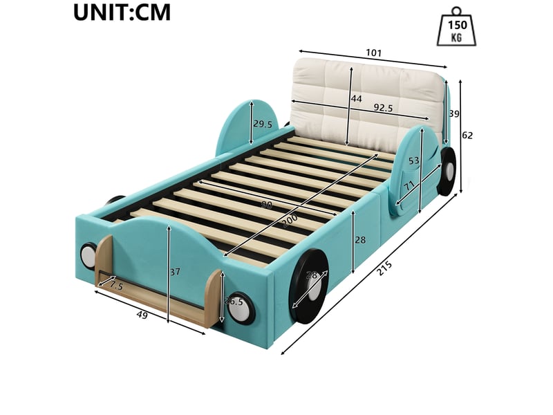 Lit enfant 90 × 200 cm avec sommier relevable hydraulique, rangement, poches latérales et étagère à livres, bleu - Conforama C