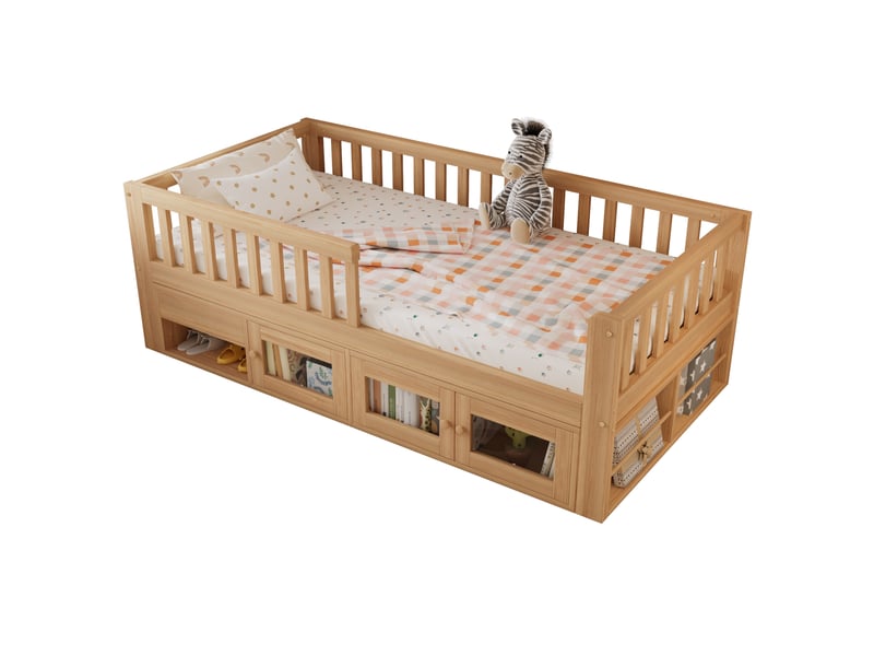  Lit enfant 90x200 capitonné beige - tête de lit en pu design vague cadre en bois massif  - Conforama A
