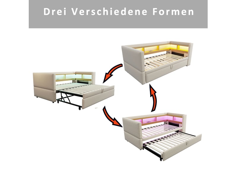 Lit banquette 90180x190 cm – beige – extensible, led, prises intégrées et rangements ouverts – sans matelas - Conforama E