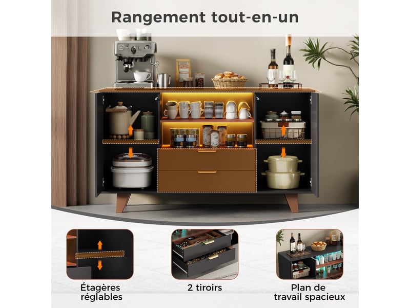  Buffet 4 portes 2 tiroirs en mdf avec éclairage led rgb, 150 x 40 x 90 cm, noir et bois naturel  - Conforama W