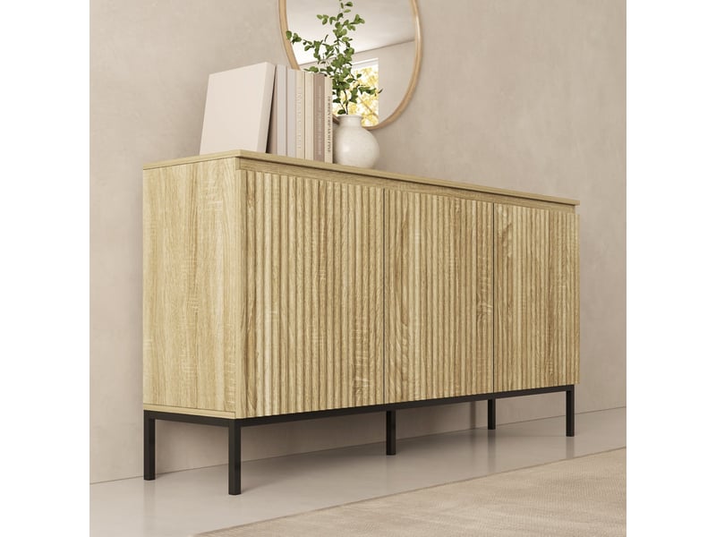  Buffet de salon bas 3 portes cannelé | meuble de rangement à rainures | console d'entrée | 150x35x77cm | modèle logan | sonoma Logan - Conforama B