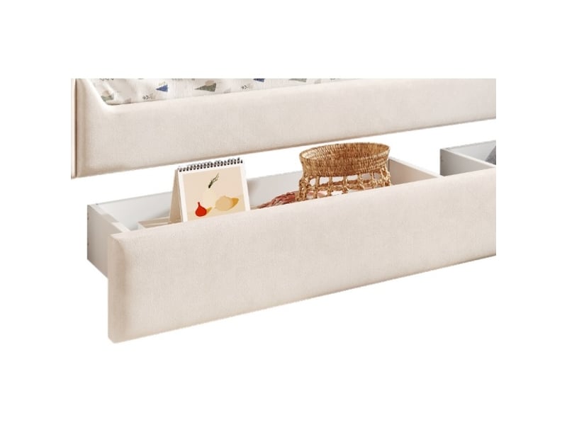  Canapé-lit pour enfant, 90 x 200 cm, avec tiroirs de rangement, éclairage led, dossier avec coussin en forme de lapin, velours, beige  - Conforama E