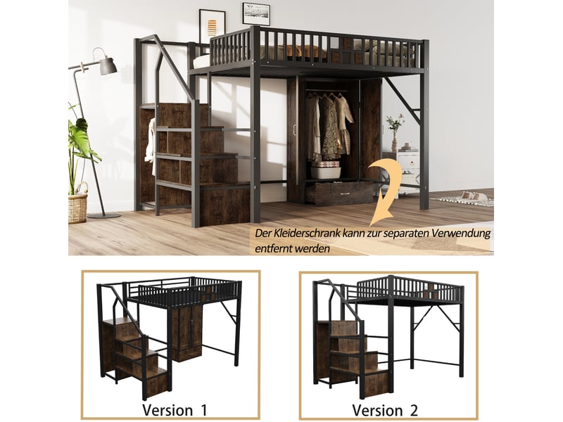  Lit mezzanine 140x200 cm, avec armoire intégrée, grands tiroirs, échelle de rangement, métal et bois noir, sans matelas  - Conforama E