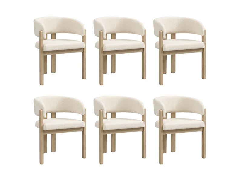 Lot de 6 chaises de salle à manger avec accoudoirs en tissu bouclé beige et naturel  - Conforama A