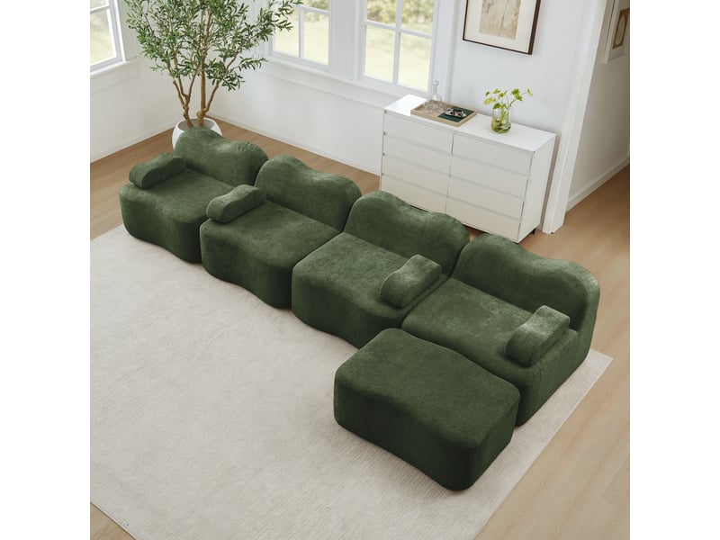  Canapé d'angle modulaire 4 places sans armature avec assise profonde et coussins d'accoudoir en velours vert  - Conforama D