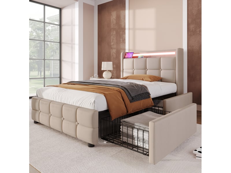  Lit rembourré tcqpz 90 x 200 cm avec usb led 2 tiroirs beige  - Conforama E