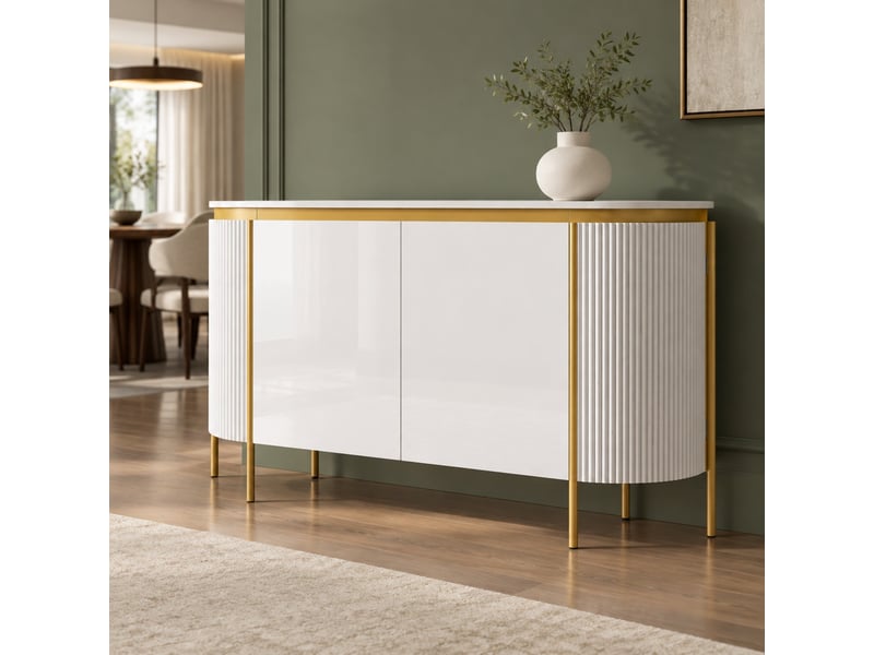  Buffet et enfilade ovale avec 4 portes, étagère, passe-câbles et pieds métal pour salon en mdf 140×38×80 cm blanc  - Conforama B