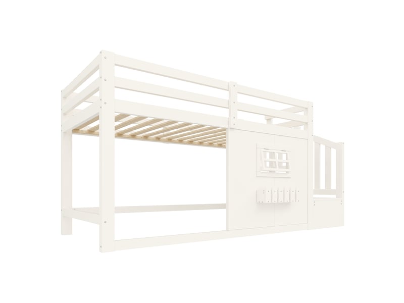  Lit mezzanine blanc 90 × 200 cm en pin, led, fenêtre et escalier avec rangement  - Conforama E