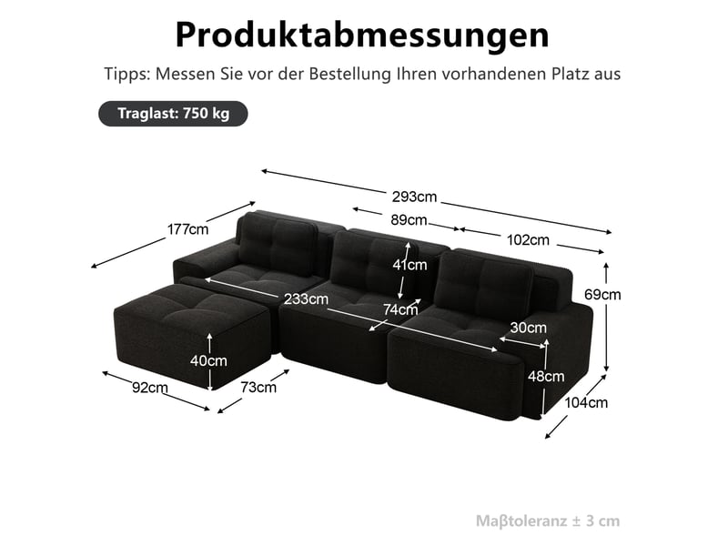 Canapé d'angle modulable 3 places en velours côtelé noir avec pouf, sans montage, idéal pour le salon - Conforama C