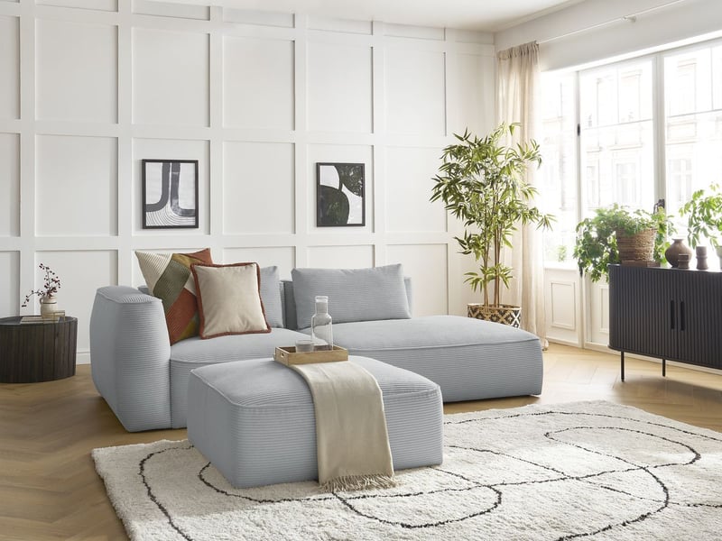Bobochic canapé droit fixe 3 places leopold velours côtelé avec pouf gris clair accoudoir gauche LEOPOLD - Conforama B