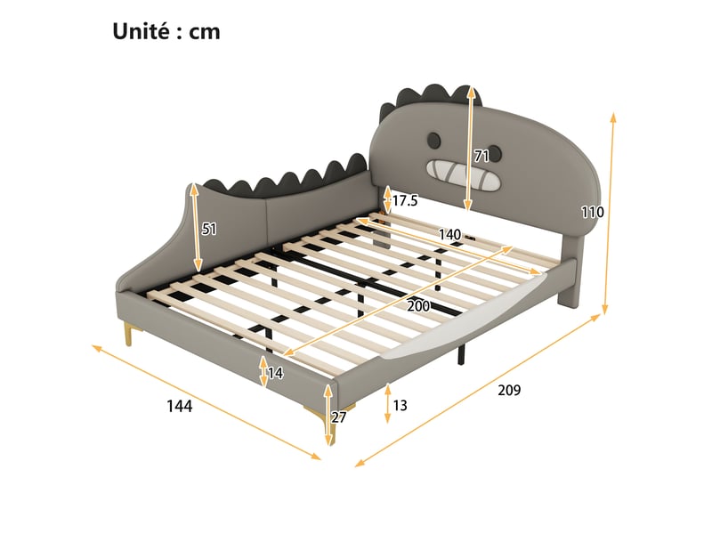  Lit enfant 140x200 cm - lit double ludique dinosaure pour garçon ou fille - pu et mdf - tête de lit décorative - gris - sans matelas  - Conforama C