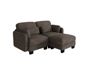 Canapé d'angle modulaire 2 places en l, tissu chenille, coussins lombaires et d'accoudoir, bois massif, 1 ottomane, salon, brun