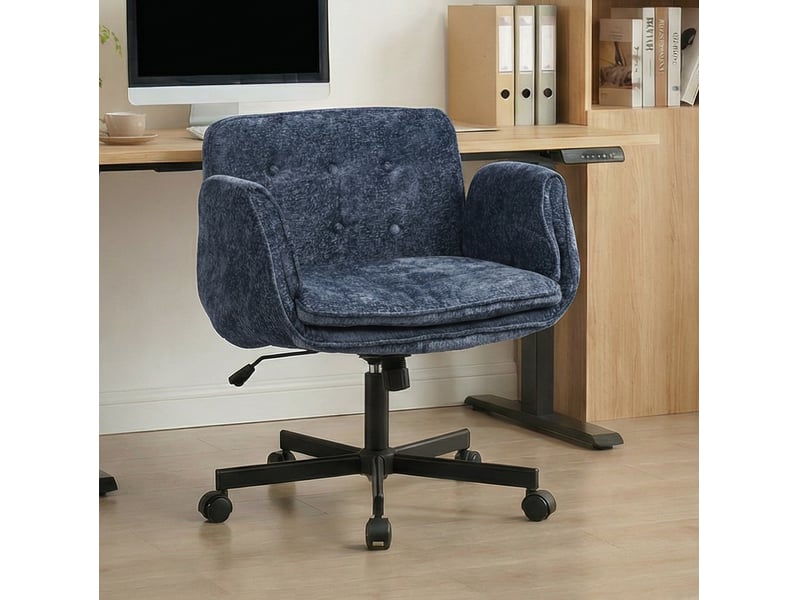 Chaise de bureau pivotante bleue en tissu, réglable en hauteur, avec roulettes et accoudoirs rabattables - Conforama B