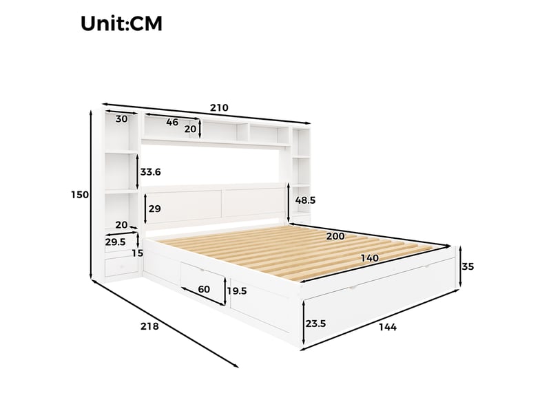 Lit adulte 140x200 cm avec rangements et éclairage led, lit 2 places en mdf et contreplaqué blanc, sans matelas - Conforama C