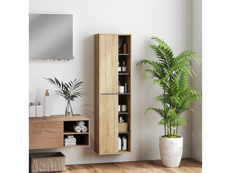  Armoire de salle de bain murale avec compartiments ouverts et 2 portes, 40 x 24 x 141,5 cm, naturelle  - Conforama D