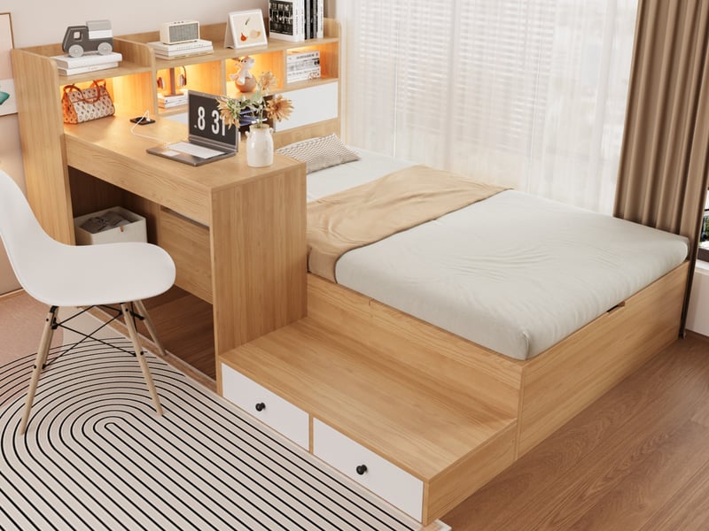  Lit multifonctionnel en bois, 90 x 200 cm, avec tête de lit intégrée et  pied de lit avec rangement, bureau, prise électrique et éclairage led LDF00750AAN - Conforama B