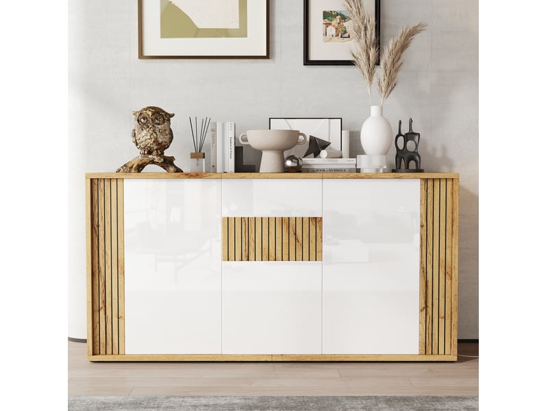  Buffet bas 140x35x71 cm, 3 portes, mdf laqué blanc et bois naturel, design simple, meuble de rangement salon et cuisine  - Conforama B