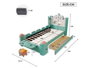 Lit enfant 90x200 cm bleu vert - lit simple rembourré en velours avec tête de lit nuage, led, usb, table pliante, tabouret et tiroir.