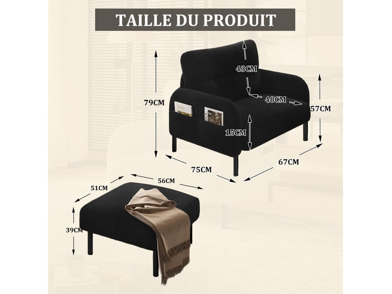  Fauteuil profond 67x75x79 cm accoudoirs avec poche tissu velours côtelé structure métallique solide design épuré noir  - Conforama C