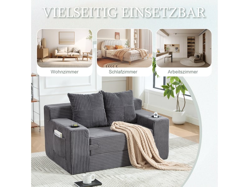  Canapé-lit,151x133x64 cm,2 places avec rangements,velours côtelé,gris  - Conforama E