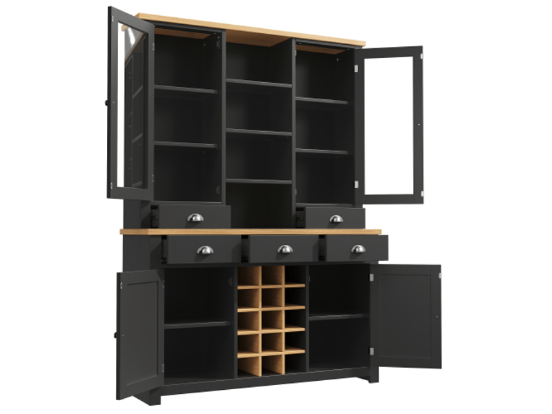  Armoire multi-usages noir, anti-bascule, pour cuisinesalon, porte vitrée, poignées métal, fermeture douce, rangement vin amovible.  - Conforama E