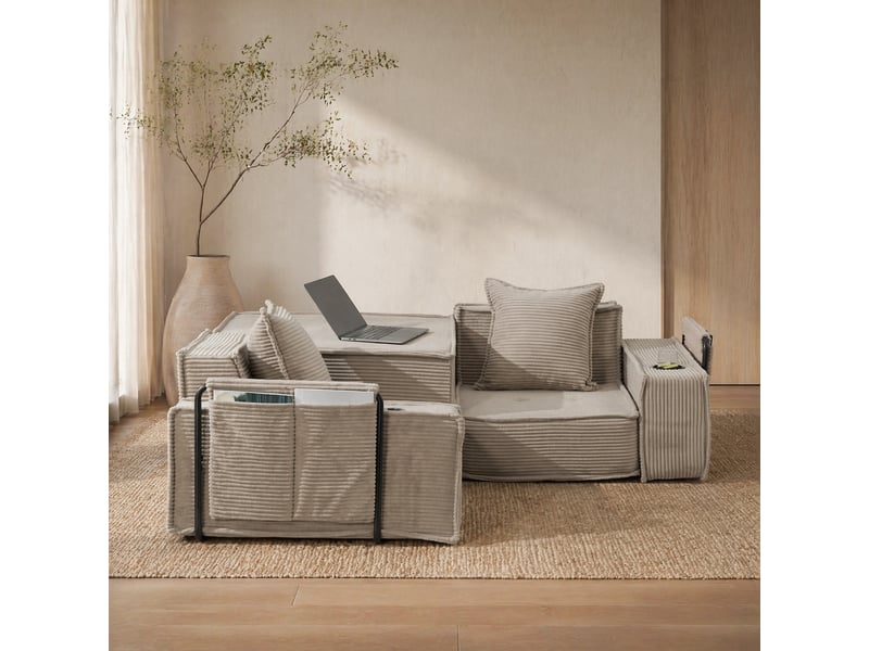 Canapé 2 places modulable en velours côtelé kaki avec 2 coussins - Conforama B