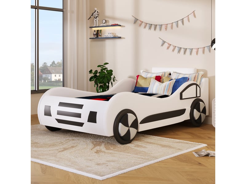  Lit voiture enfant 90x200 cm, lit simple rembourré, coffre hydraulique, rangement, sommier, simili pu (sans matelas), blanc CozyNest - Conforama D