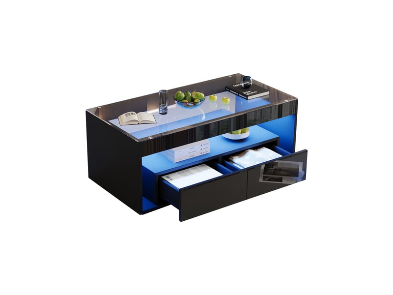  Table basse led avec 2 tiroirs et rangement pour salon 100×50×40 cm en panneaux de particules noir  - Conforama A