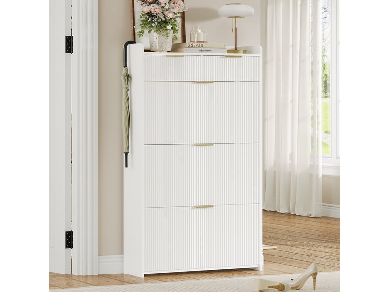 Meuble à chaussures b80t25h135 cm en panneaux de particules avec 3 compartiments rabattables et 2 tiroirs blanc chicfurn - Conforama B