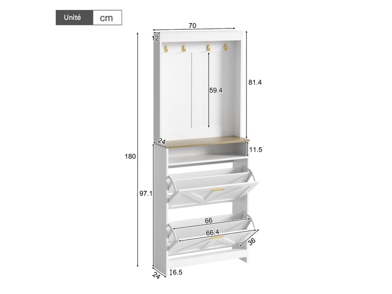  Meuble à chaussures 2 abattants patères led blanc et naturel 70x24x180 cm  - Conforama C