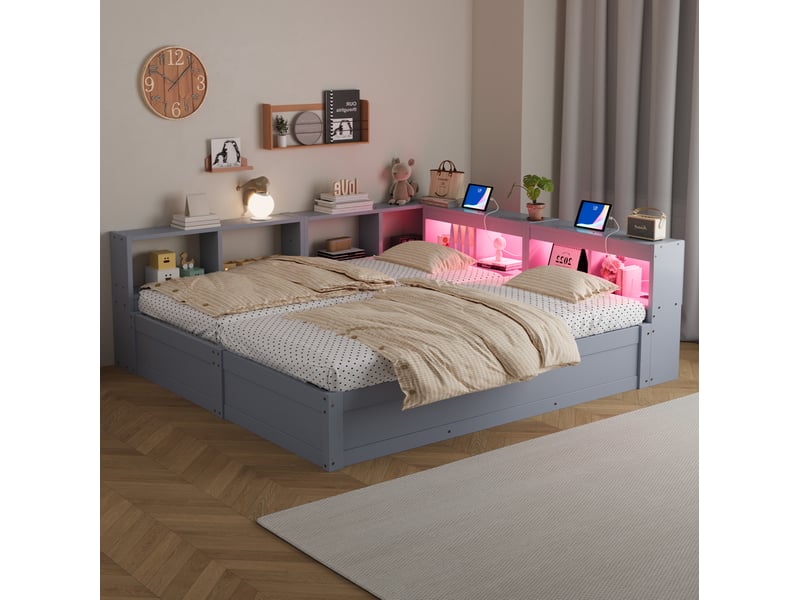  Lit multifonction 90180 x 200 cm gris avec rangements, led et prises intégrées  - Conforama C
