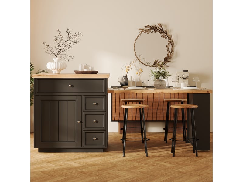  Îlot de cuisine extensible 120-184 cm, desserte à roulettes noire avec plateau aspect bois et tiroirs de rangement, mdf et métal.  - Conforama R