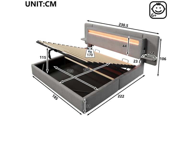  Lit coffre 180 x 200 cm gris en mdf et lin, led multicolore et table de chevet intégrée avec port usb  - Conforama C